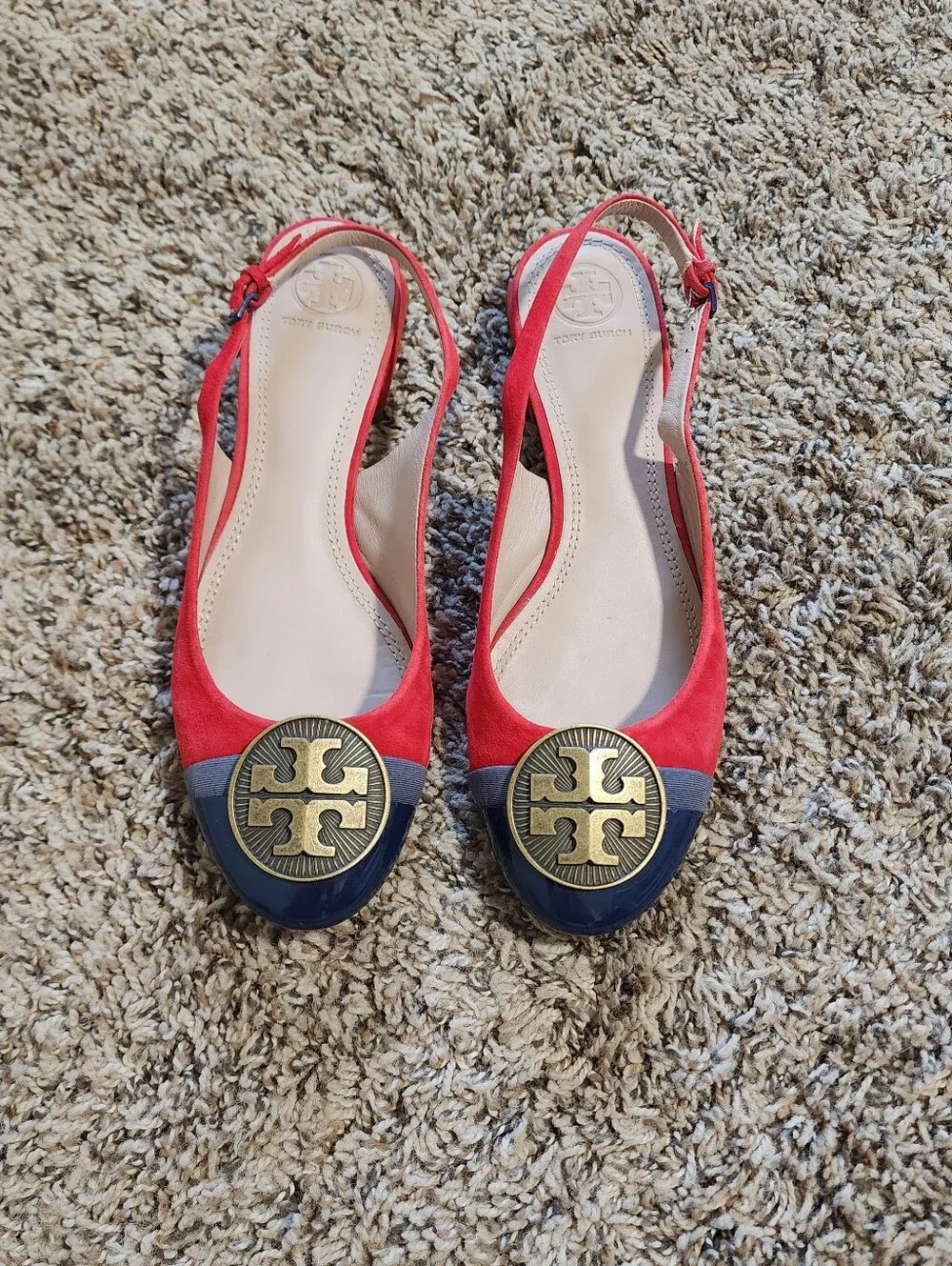 Tory Burch Red Blue Suede And Patent Leather Slingback Flat Sandals Size 7